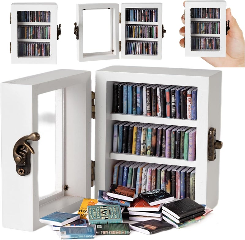 TABTAG Anxiety Bookshelf Mini Book Micro Display Stand a Miniature Library Equipped with 60 Mini - Books is an Ideal Decorative Gift for Book Enthusiasts (White) - Image 1